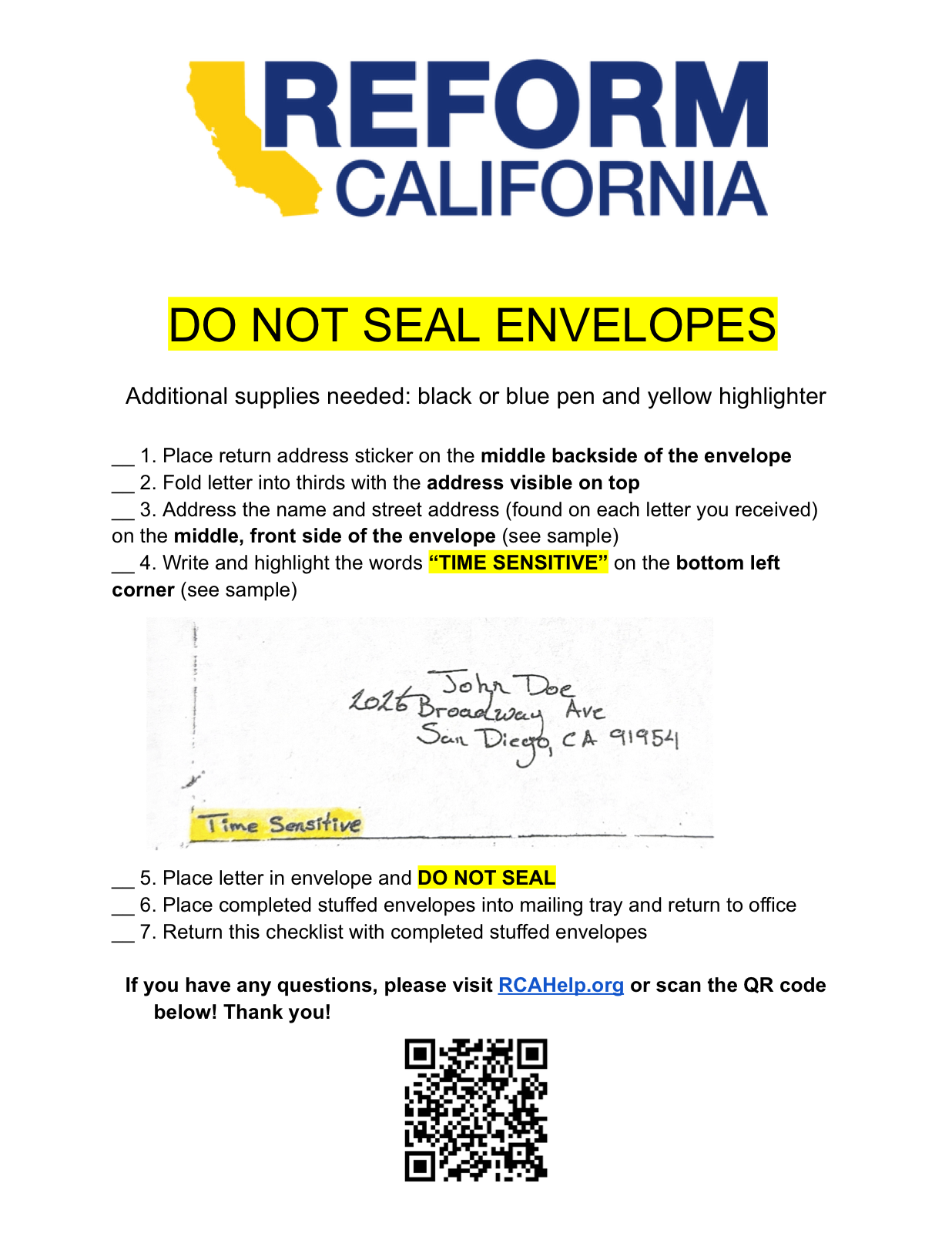Mailing instruction sheet — DO NOT SEAL ENVELOPES: the seven steps above, a sample hand-addressed envelope marked Time Sensitive, and a QR code to RCAHelp.org.